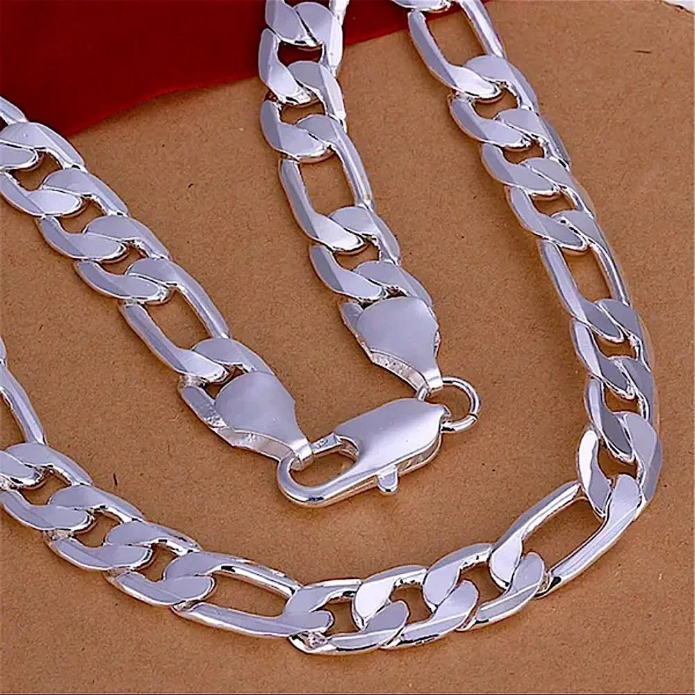 Sterling Silver Plated Figaro Chain 12mm Choker Necklace – Unisex